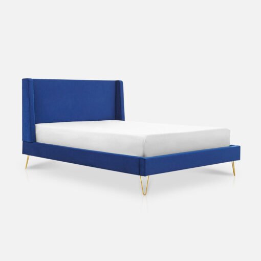 Athena Velvet Double Wingback Bed Frame with Gold Legs, Blue - Image 2