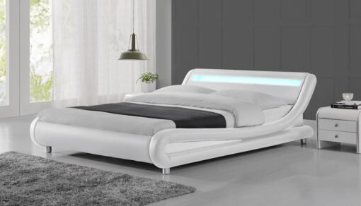 Galaxy Faux Leather Double Bed Frame with LED, White - Image 2