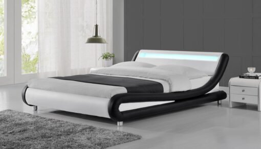 Galaxy Faux Leather Double Bed Frame with LED, Black/White - Image 3