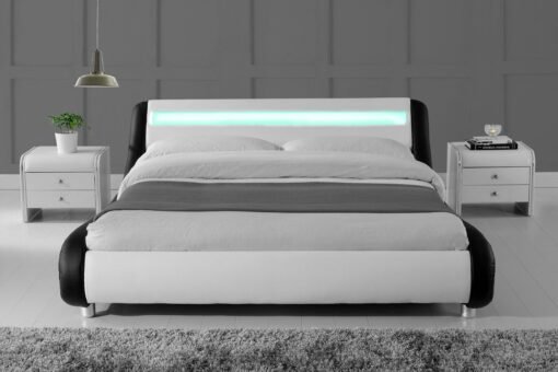 Galaxy Faux Leather Double Bed Frame with LED, Black/White - Image 2