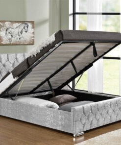 Arya Fabric Ottoman Double Bed with Storage, Silver Velvet