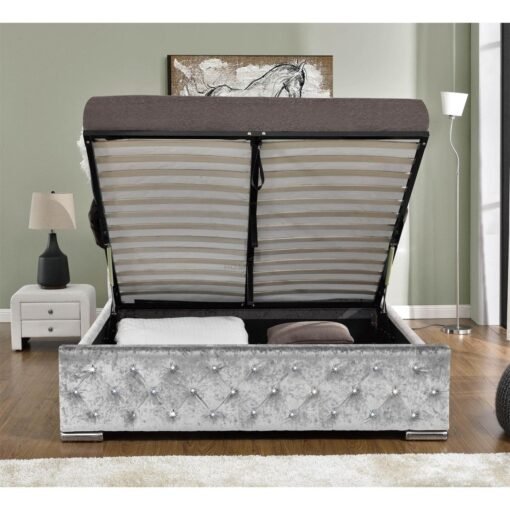 Arya Fabric Ottoman Double Bed with Storage, Silver Velvet - Image 3