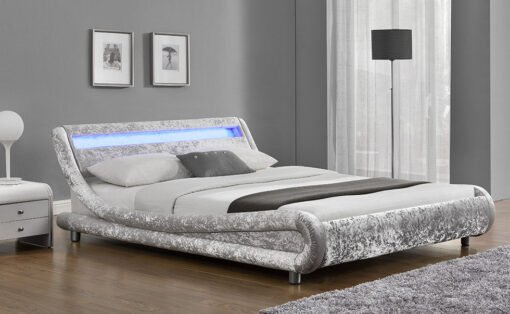 Galaxy Velvet Fabric Double Bed Fame with LED, Silver - Image 2