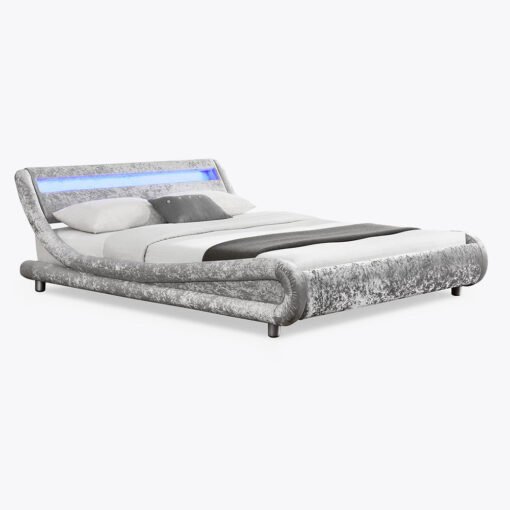 Galaxy Velvet Fabric Double Bed Fame with LED, Silver