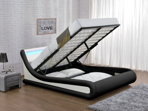 Galaxy Ottoman Double Bed Frame with LED and Storage, Black & White