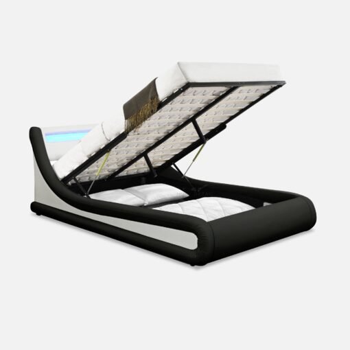 Galaxy Ottoman Double Bed Frame with LED and Storage, Black & White - Image 3