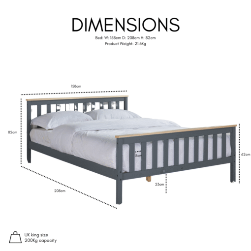 Woodford Wooden Bed Frame Dark Grey & Oak, Double - Image 2