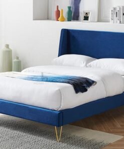 Athena Velvet Double Wingback Bed Frame with Gold Legs, Blue